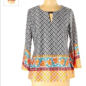 Zac & Rachel PL blouse black & orange BOHO flare sleeve w silver embellishment